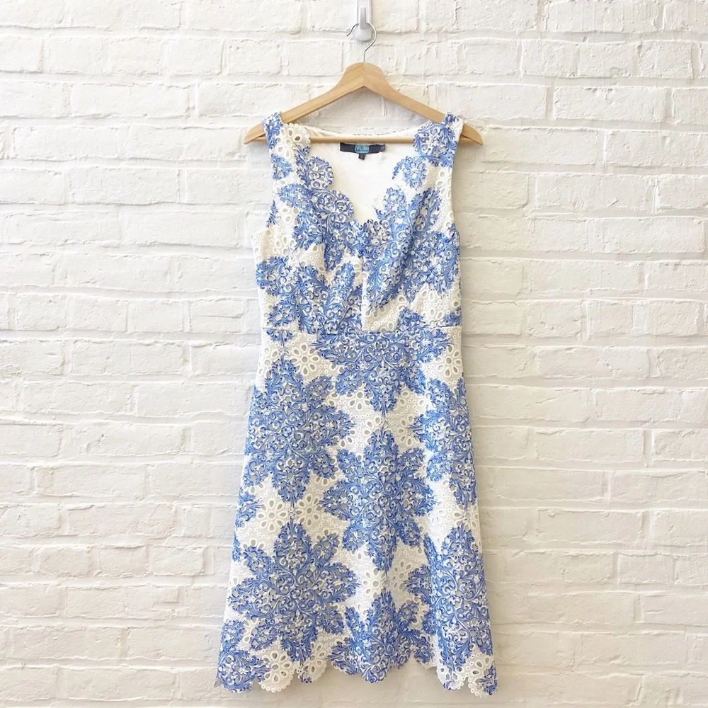 Anthropologie || Eva Franco Starflower Scalloped Dress Eyelet Lace Blue White 8